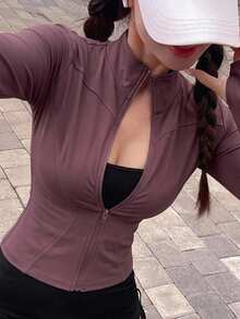 DAZY 女款純色彈性小立領修身長袖夾克，運動休閒，春秋款 - 酒紅色 - 查看 5