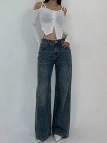 DAZY Women's Distressed Washed Cat-Whisker Casual Y2k Streetwear Summer Long Jeans Everyday School Dark Blue - Blue - View 3