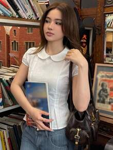 DAZY 純色翻領修身短袖白色女款襯衫 - 白色 - 查看 3