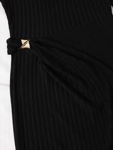 SHEIN Teen Girls Fall Dresses High Neck Ribbed Knit Dress, Autumn/Winter Slim Fit Long Sleeve Snug Fit Midi Dress - Black - View 4