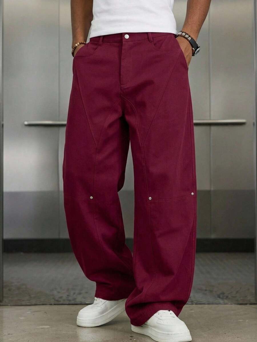 Mainfolk Men's Solid Color Pocket Button Casual Versatile Daily Travel Long Pants - Burgundy - View 1