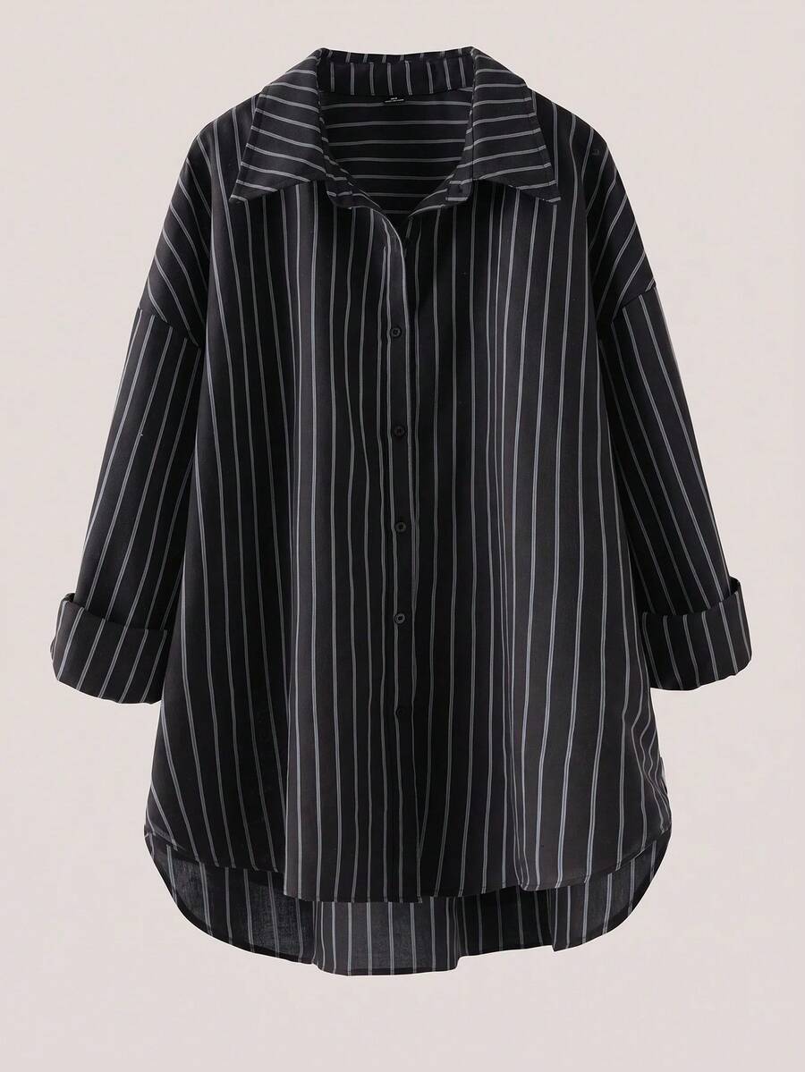 Shapeblank Plus Size Casual Business Striped Single-Breasted Front Short-Front Long-Back Shirt Fall - Black - View 1