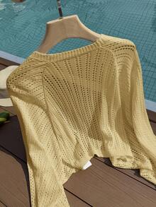 SHEIN Privé Plus Size Casual Versatile Solid Color Hollow Knit Cardigan - Yellow - View 3