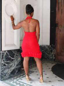 Steph T Vestido mini rojo de punto con volantes, espalda descubierta y escote halter para vacaciones - Rojo - Ver 2