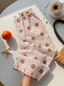 Comfortcana 2026 春夏新款女款橘色格紋花卉刺繡寬腿褲，冬季、復活節、派對、海灘、婚禮、畢業、優雅、休閒、度假、運動、正式、Y2k、商務、亮片、流蘇、荷葉邊、花卉、圖案 - 卡其色 - 查看 6