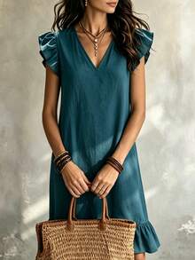 Hotletica Women's Solid Color V-Neck Flutter Sleeve Ruffle Hem Casual Dress - Dusty Blue - View 5
