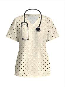 PopScrub Casual Minimalist Scrub Top With Retro Polka Dot Colorblock Print, Suitable For Pet Hospital And Commuting - Multicolor - View 6