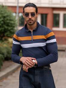 YOUESAWY YOUESAWY Men Color Block Quarter Zip Collar Work Casual Polo Shirt For Husband, For Fall, Long Sleeve Top - Multicolor - View 5