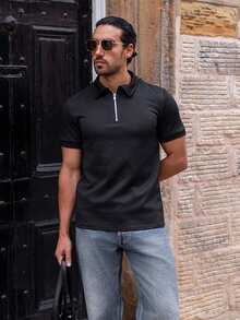 YOUESAWY YOUESAWY Men Quarter Zipper Polo Shirt, Formal - Black - View 6