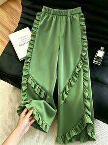 SHEIN Raffinéa Celana Panjang Wanita Terbaru Warna Hijau Zaitun dengan Hiasan Ruffle dan Patchwork, Celana Kasual Tipis Musim Panas dengan Pinggang Tinggi dan Desain Draping yang Serbaguna dan Melangsingkan. - Hijau - View 3