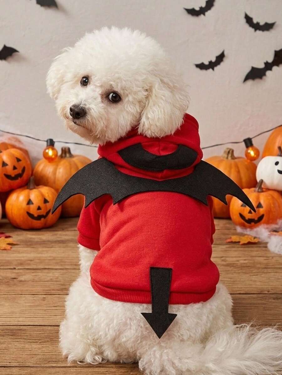 PETSIN 1件萬聖節惡魔角色扮演 3D耳朵設計寵物連帽衫 - 紅色 - 查看 1
