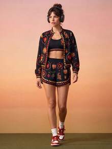 CAJUNI Women's Sports Shorts, Decorated With Tropical Style Heart And Eye Pattern - Multicolor - View 3