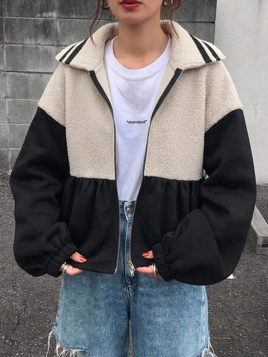 FRIFUL 女款拼色拉鍊休閒寬鬆運動衫,黑色,適合度假與秋季 - 黑色 - 查看 1