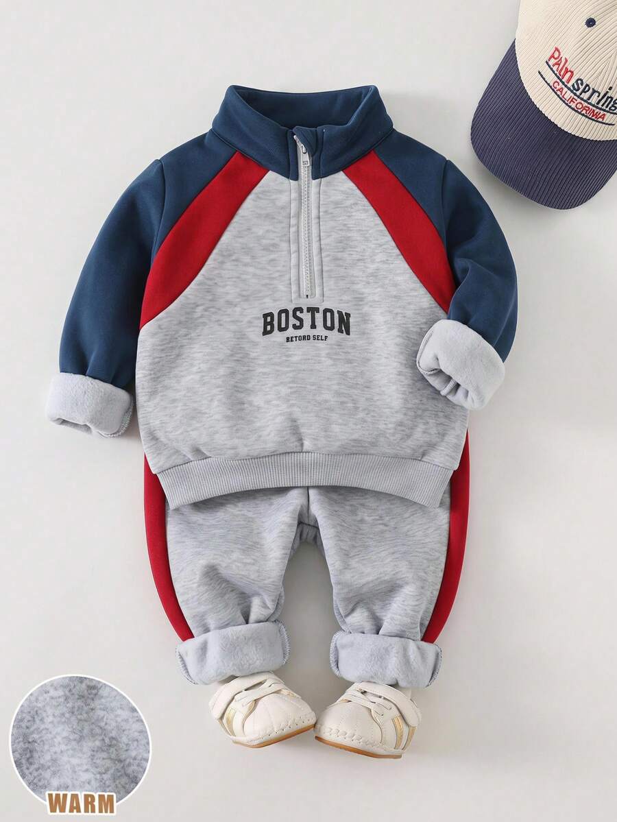 2pcs/Set Baby Boy Autumn/Winter Cute Colorblock Stand Collar Sweatshirt & Elastic Waist Long Pants Casual Versatile Sports Outfit Sweatshirt Set - Multicolor - View 1
