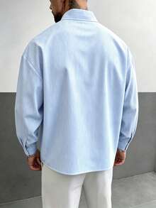 Resyla Men Men's Casual Striped Shirt With Half-Zip Front And Dual Pockets - Baby Blue - View 2