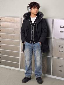 Vacaura 1 件男童休闲连帽夹克，适合秋冬季日常通勤和户外穿着 - 黑色 - 查看 3