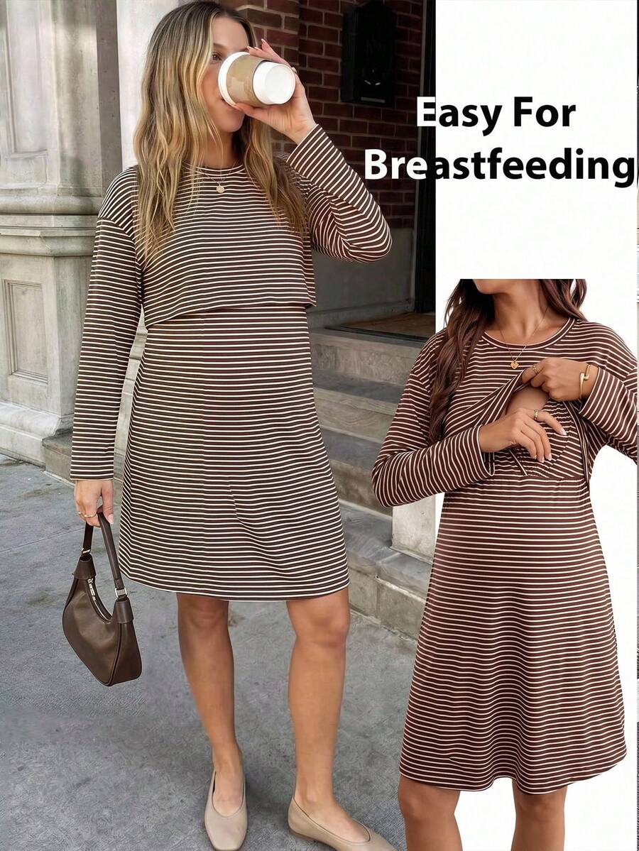 SHEIN Maternity Casual Anti Social Striped Nursing Dress Fall Autumn ...