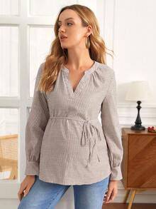 SHEIN Maternity Striped Casual Versatile Daily Wear Shirt Fall - Coffee Brown - View 3