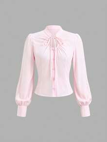 Sweetra Top de Estilo Doce & Picante com Amarração Frontal, Franzida, Vazada e Abotoamento Único, Top Versátil de Manga Longa com Ajuste Slim - Rosa chiclete - Visão 1