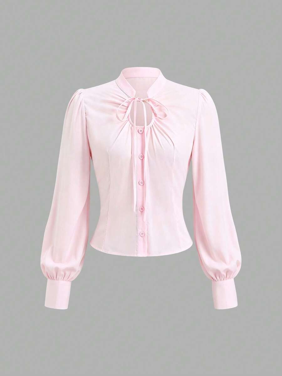 Sweetra Top de Estilo Doce & Picante com Amarração Frontal, Franzida, Vazada e Abotoamento Único, Top Versátil de Manga Longa com Ajuste Slim - Rosa chiclete - Visão 1