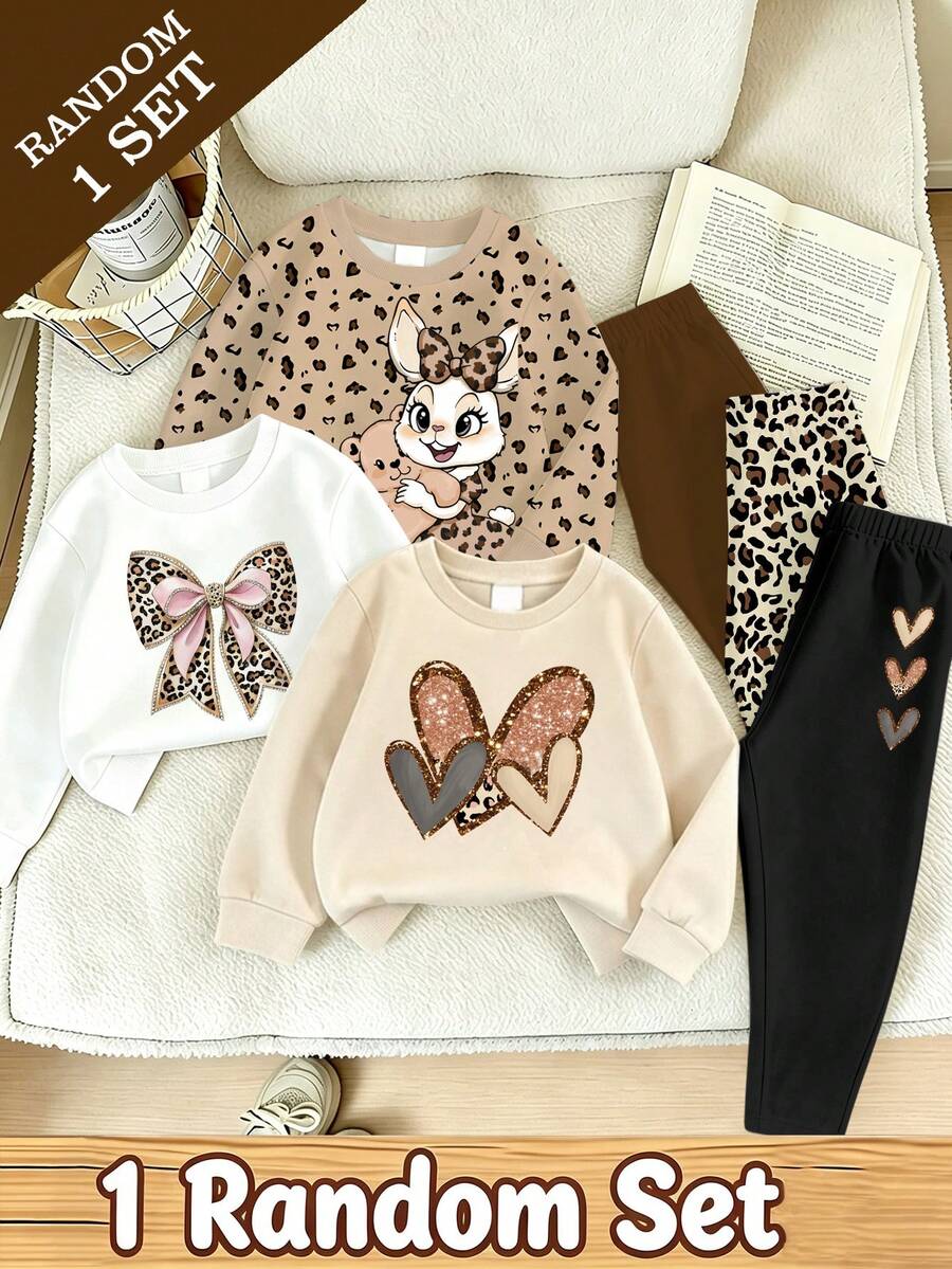 SHEIN 1 SET RANDOM Girls' Crew Neck Sweatshirt Set, Available In All-Over Leopard Print Rabbit, Leopard Print Bow, And Sequin Heart Styles, Paired With Matching Slim-Fit Long Pants, Sweet And Cool Fashionable Design, Suitable For Outings, Shopping, Daily Wear, Spring, Autumn, And Winter - Black - View 1