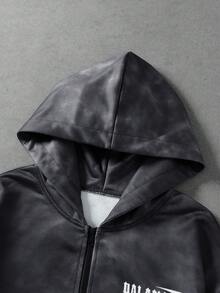ROMWE MEN 男士漸層紮染印花藝術字體寬鬆版開襟連帽衛衣 - 藍色 - 查看 6