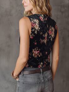 Solivie Damen-Weste mit Blumenmuster, lässig im Cottagecore-Stil, vielseitig für Alltag und Party, schwarz, Sommer - Schwarz - Übersicht 3