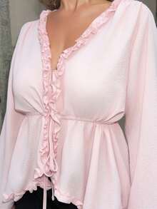Jeta Ari Atasan Wanita Lengan Mengembang Longgar dengan Detail Ruffle dan Pinggang yang Diikat - Baby Pink - View 4