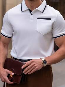 YOUESAWY YOUESAWY 男士配色拼接素色簡約 Polo 正裝襯衫，適合日常穿著與儀式場合 - 白色 - 查看 4
