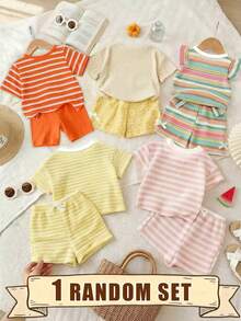 (Random 5 Sets,Send 1 Set)Spring Summer Autumn Girls Young Fashion Creative Fresh Light Color Palette Colorful Refreshing Striped Floral Pattern Print Basic Short T-Shirt And Biker Shorts Set Sets - Multicolor - View 2