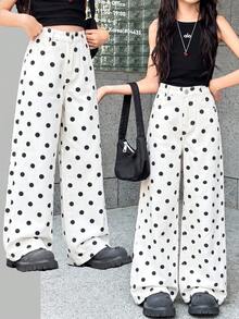 SHEIN Tween女孩休閒日常牛仔長褲，附口袋、鈕扣與波點設計 - 彩色 - 查看 5