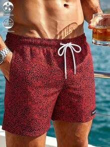 Manfinity Swimmode 男士休閒熱帶全印花沙灘度假短褲 紅色 夏季 - 酒紅色 - 查看 5