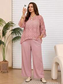Zaforene Plus Size Women's Autumn Casual Elegant Vacation Hollow Lace Top And Wide Leg Pants 2 Pieces Set, Light Pink With Pockets Tea Party Formal - Dusty Pink - View 4
