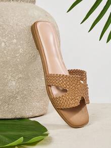 SHUZIA Women's Square Toe Hand Woven Vegan Leather Tan Slide Sandals – Inspired By Designer Aesthetic, Wide Fitting Minimalist & Elegant,Travel Essentials For Summer - Mocha Brown - View 7