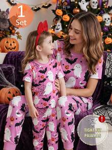 2pcs/Set Piyama Anak Perempuan Motif Hantu Kartun Lucu Lengan Pendek Celana Panjang Rajut Pas Badan Pakaian Tidur Set Santai - Red Violet - View 1