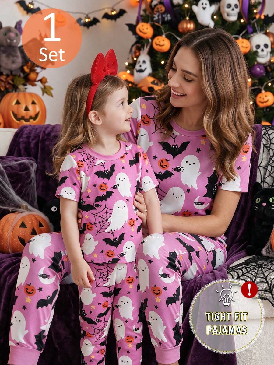 2pcs/Set Piyama Anak Perempuan Motif Hantu Kartun Lucu Lengan Pendek Celana Panjang Rajut Pas Badan Pakaian Tidur Set Santai - Red Violet - View 1
