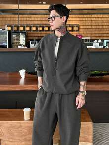 DAZY Spring/Autumn Dark Grey Crew Neck Half-Zip Pullover Sweatshirt With Decorative Rope And Drawstring Hem, Elastic Waist Long Pants Men's Set - Dark Grey - View 4