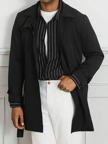 HUEFORM Men's Black Belt With Mid-Length British Style Trench Coat With Lapel, Single-Breasted Business Casual Overcoat,Perfect For A Refined Look. For Men - Black - View 5