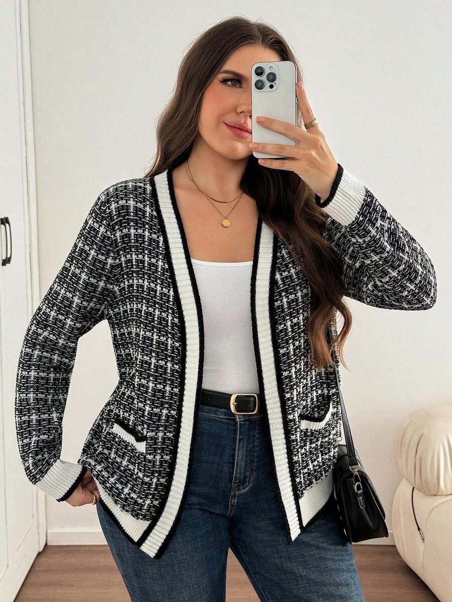 Easowa Curve Plus Size Women's Plaid Long Sleeve Open Front Knit Cardigan - Black and White - View 1