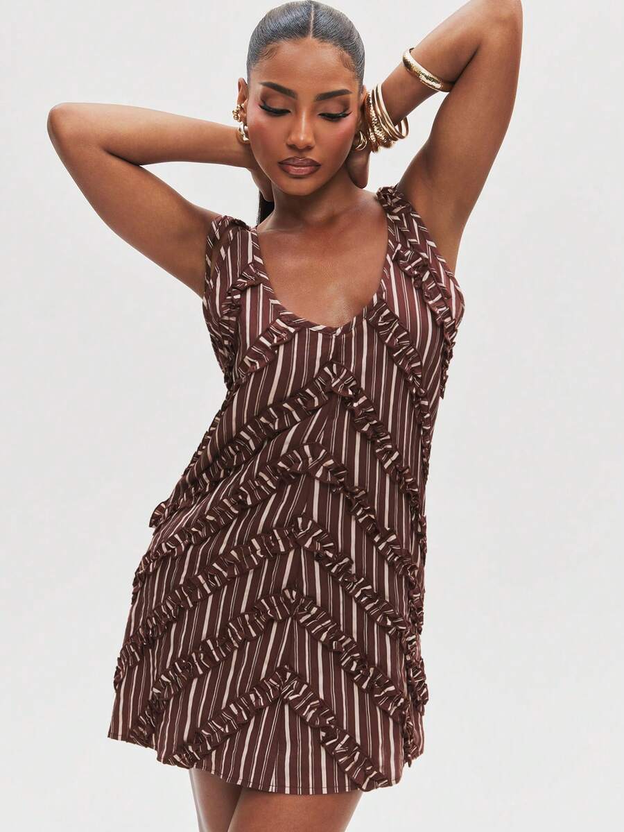 NYA SZN Dress Mini Length Sleeveless Ruffle Detail Plaid Flannel Sexy Club Going Out Birthday Party Fall - Brown - View 1