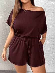 SHEIN Essnce Plus Size Solid Color Asymmetrical Neckline Romper - Rose Red - View 7