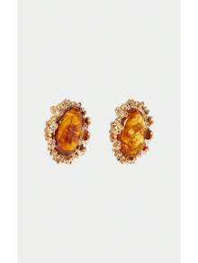 Noxbound Bohemian Casual Vacation Wind Metal Texture Inlaid Tortoiseshell Asymmetric Oval Resin Stud Earrings - Gold - View 6