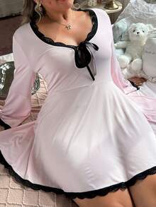 Slumberry CURVE Plus Size Women Sweet Contrast Color Lace Long Sleeve Mini Nightgown - Baby Pink - View 6