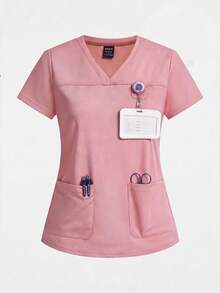TaskEZ Scrub Top, Solid Color V-Neck Short Sleeve Double Pocket Scrub Top, 2-Piece Set, Suitable For Work Commute, Pet Hospital - Multicolor - View 5