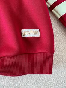 PrepCrw HARRY POTTER X SHEIN 青少年男孩眼鏡圖案印花長袖連帽衛衣，適合返校與外出穿著 - 酒紅色 - 查看 5