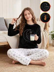 Girls' Moon & Little Star English Word Embroidery Fashion Black Long Sleeve Plush Comfortable Soft Fabric + Little Star All-Over Print Loose Casual Pants Set - Multicolor - View 7