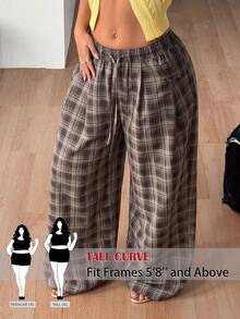 SHEIN Tall CURVE Women's Plus Size Plaid Casual Versatile Wide Leg Pants For Daily Wear Fall - Brown - View 8