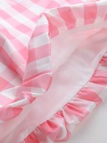 SHEIN PariChic Elegant Plaid Print Bowknot Shoulder Tie Ruffle Hem Mini Dress For Women, Pink & White - Pink - View 4