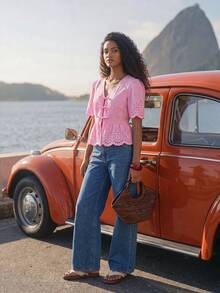 CAJUNI Vacation Casual Solid Color Hollow Embroidery Tie-Front Shirt - Pink - View 5