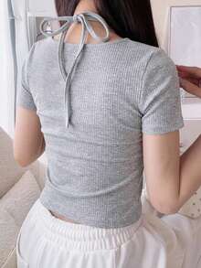 FRIFUL 女款夏季新款純色抽繩蝴蝶結收腰休閒街頭風 Y2K 百搭 T-shirt 可愛上衣 約會日常穿搭 灰色 - 灰色 - 查看 2